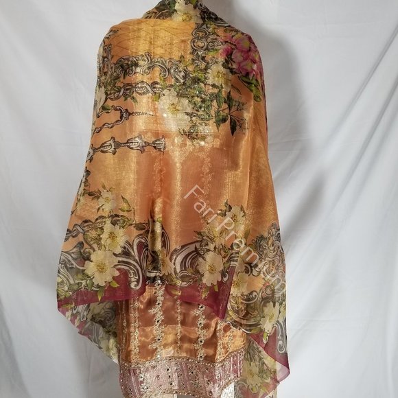 Pakistani Branded Fancy Embroidered Shaded Masuri 3-Piece Shalwar Kameez Orange - Picture 7 of 17